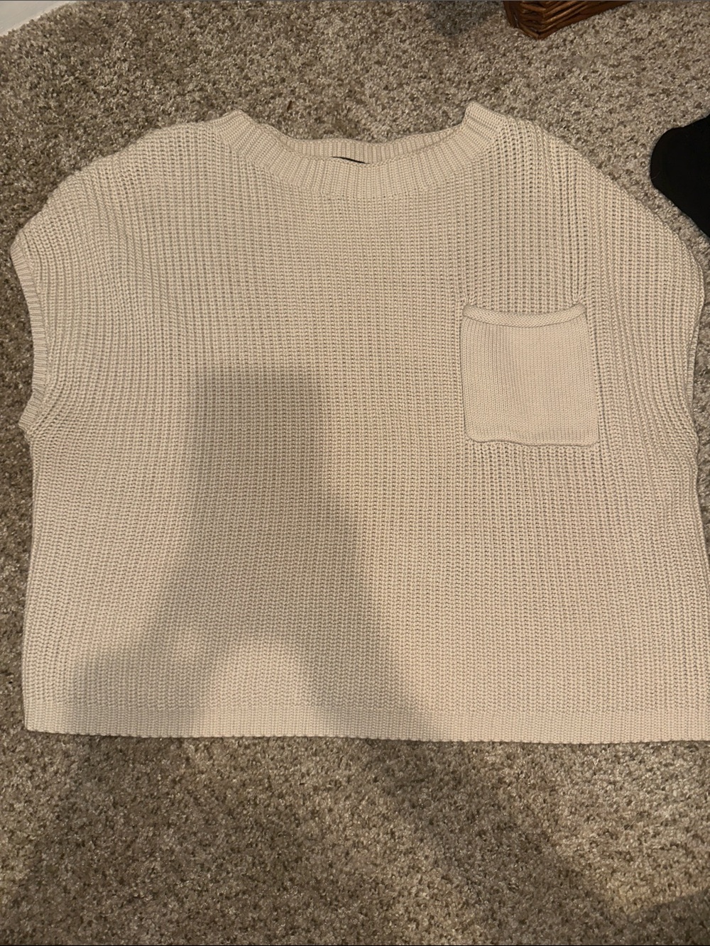 Cream Knit Short-Sleeve Crewneck Sweater with Chest Pocket